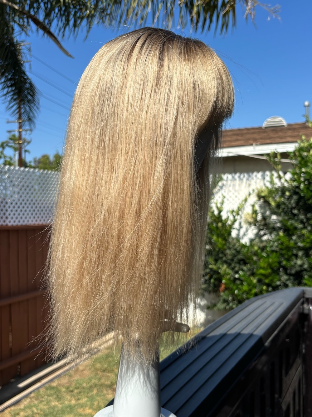 Bijoux Blonde wig human hair lace top 17” long with bangs like a Jon Renau